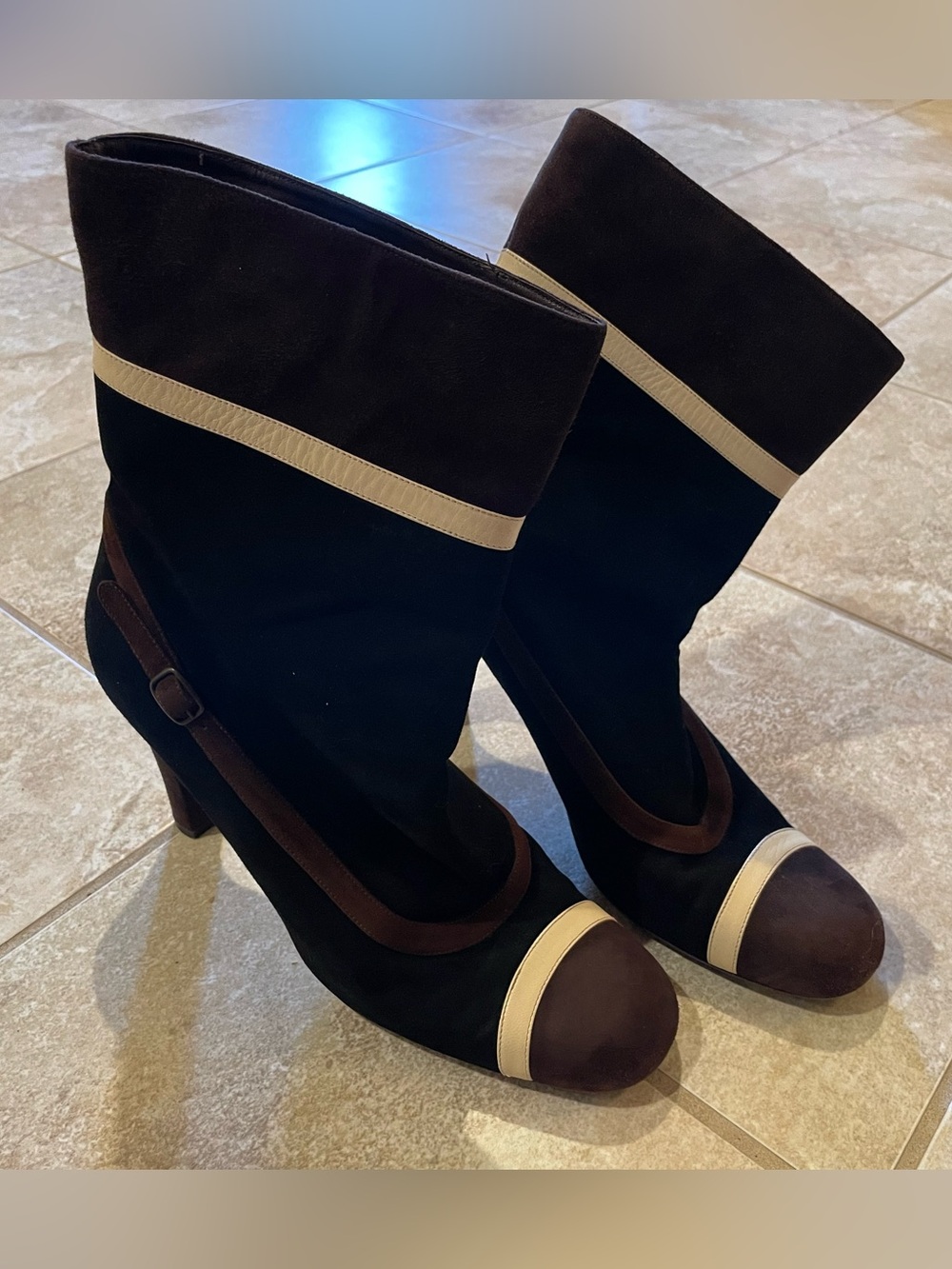 Vero Cuoio Black and Brown Mid-Calf Heeled Boots with Cream Trim